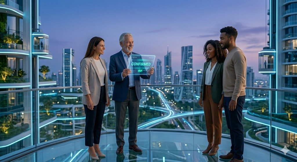 Family and advisor on a futuristic balcony confirming a premium real estate decision