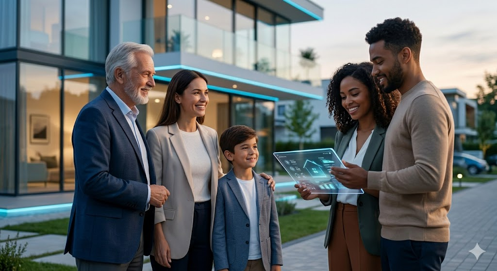 Family standing with an advisor in front of a modern smart residential property