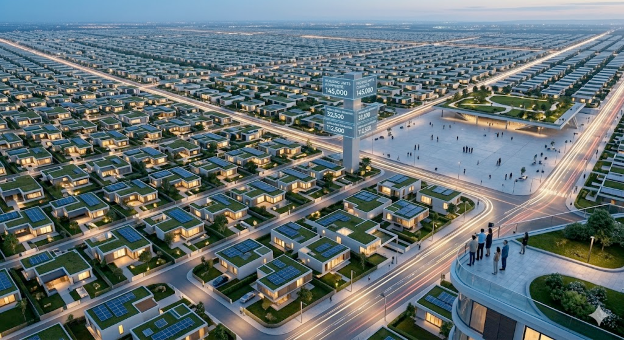 Large futuristic smart community with solar rooftops, organized streets, and advanced residential planning