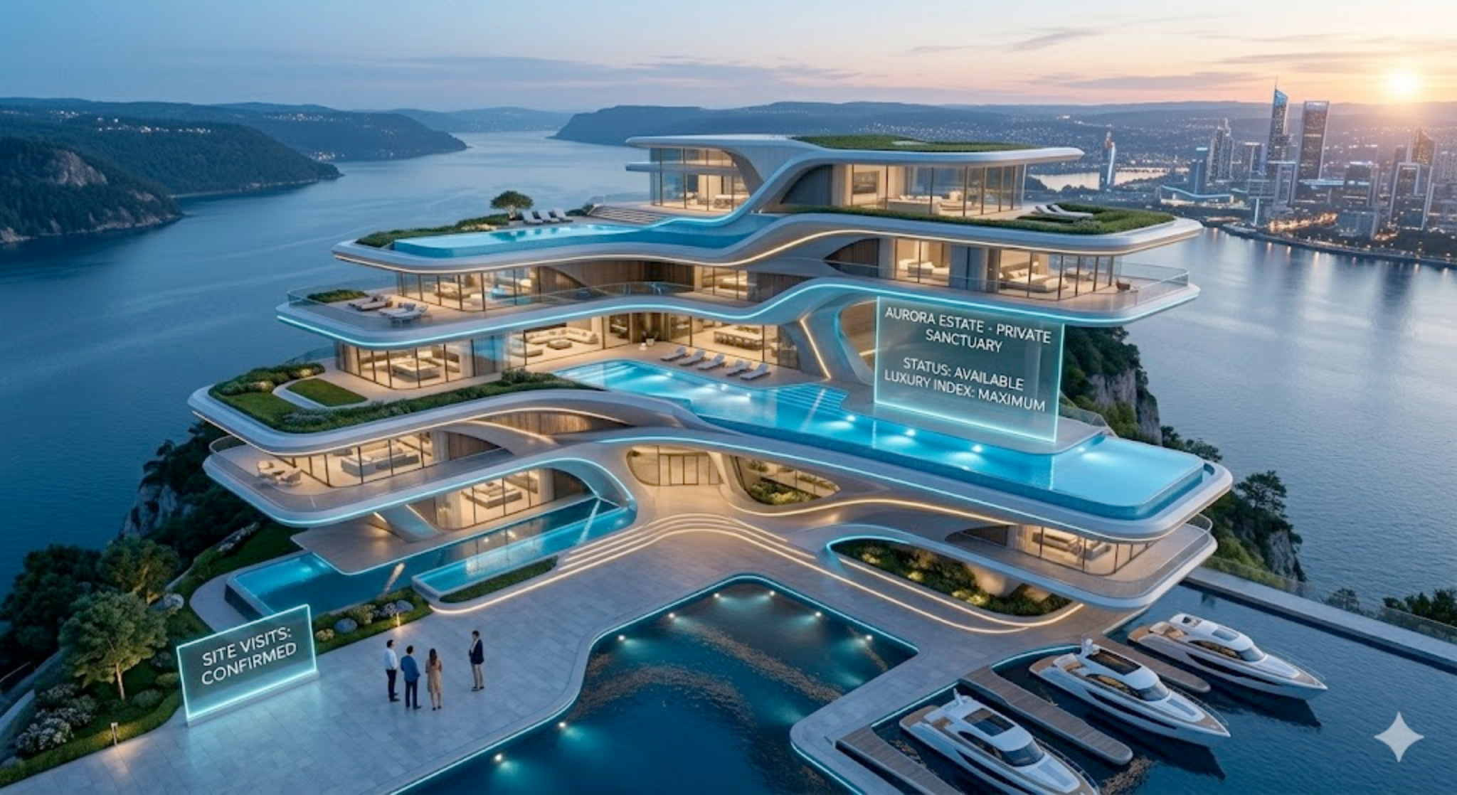 Futuristic luxury waterfront estate with illuminated terraces and private marina access
